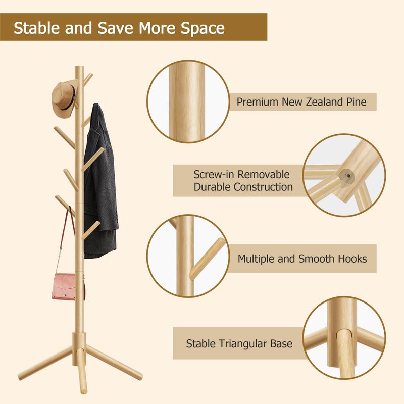 Azaeahom Wooden Coat Rack Stand, Free Standing Coat Rack with 8 Hooks 3 Adjustable Heights for Clothes, Hats, Handbags, Coat Tree Easy Assembly for Entryway, Bedroom, Hallway, Office (New Nature) - Image 5